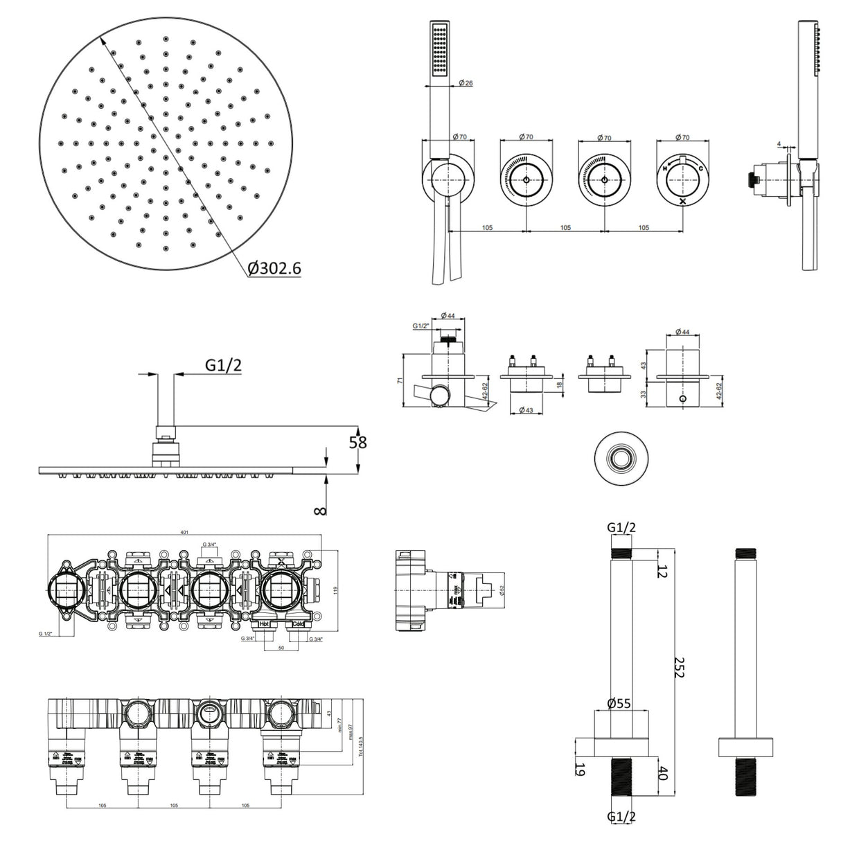 UK Bathroom Store Concealed Shower Set Crosswater Module Shower Set 8 - 2 Outlet with Pencil Handset and Overhead Shower
