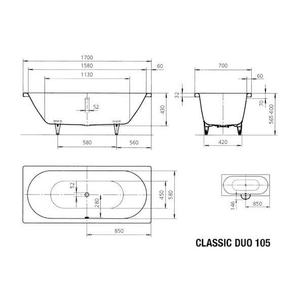 Kaldewei Double Ended Bath 1700 x 700mm Kaldewei Classic Duo Double Ended Steel Bath with Leg Set