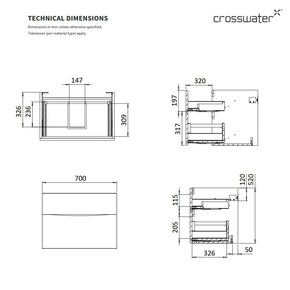 Crosswater Wall Mounted Vanity Unit Crosswater Glide II Wall Mounted Two Drawer Vanity Unit with Basin