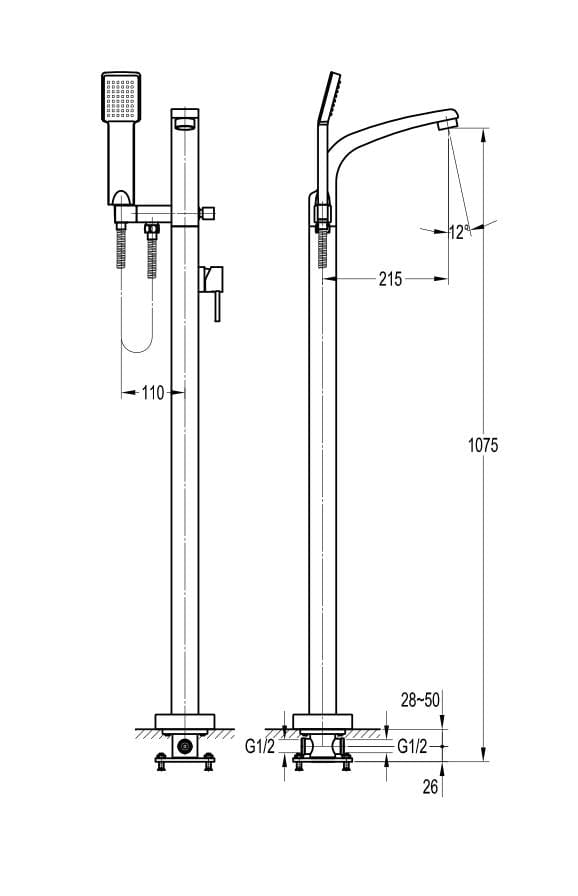 Flova Freestanding Bath Filler Flova Essence Floor Standing Bath and Shower Mixer with Shower Set in Diamond Chrome