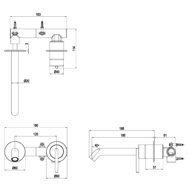 Crosswater Wall Mounted Basin Tap Crosswater 3ONE6 Lever 2 Hole Wall Mounted Basin Mixer Tap