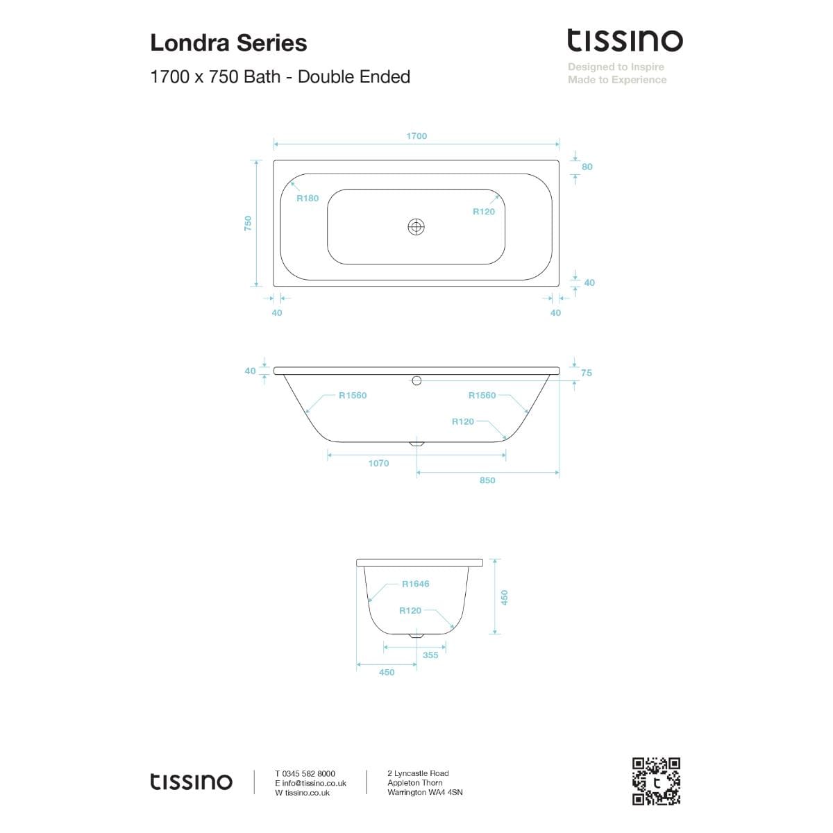 Tissino Double Ended Bath 1700 x 750mm Tissino Londra Premium Acrylic Double Ended Bath