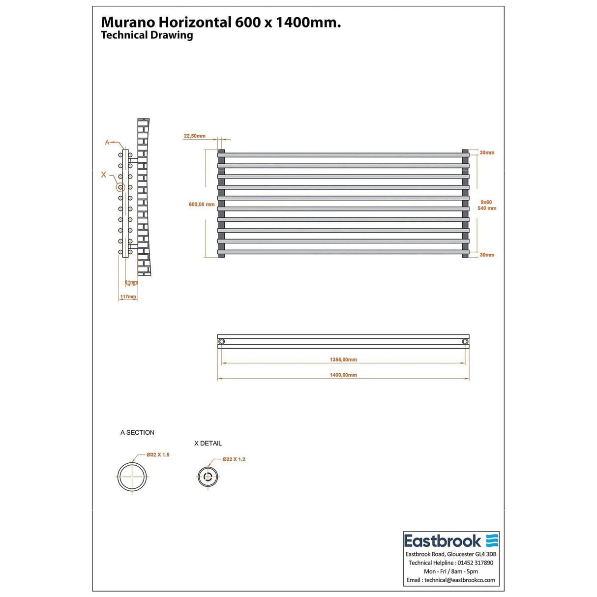 Eastbrook Designer Towel Radiator Eastbrook Murano Horizontal Designer Radiator in Gloss White