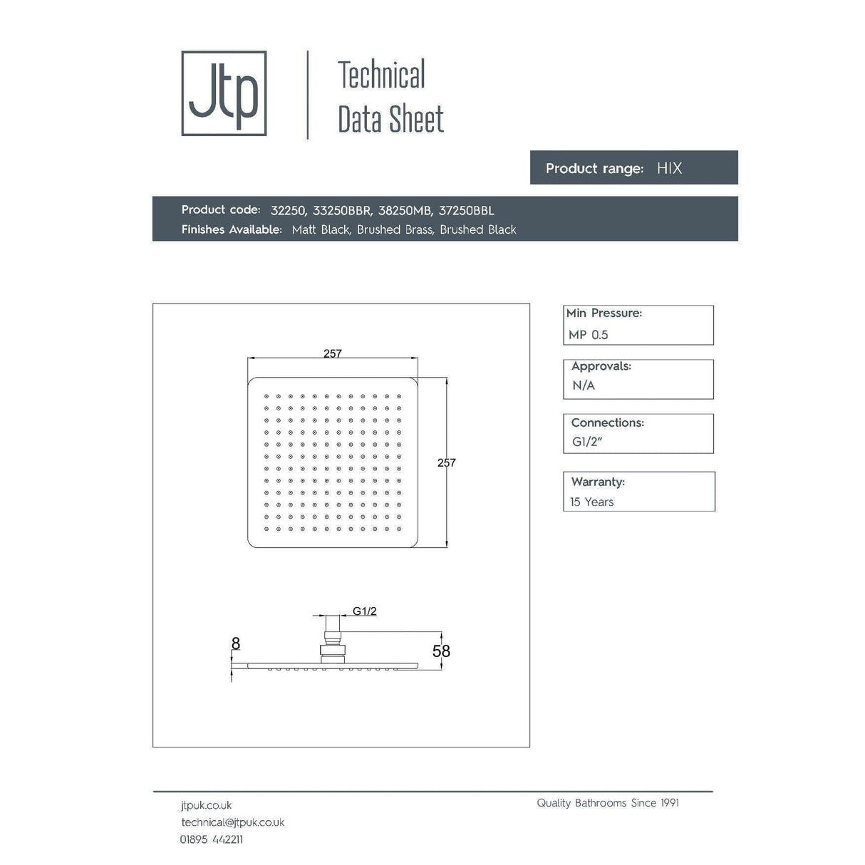JTP Fixed Shower Head JTP HIX 250mm Square Shower Head