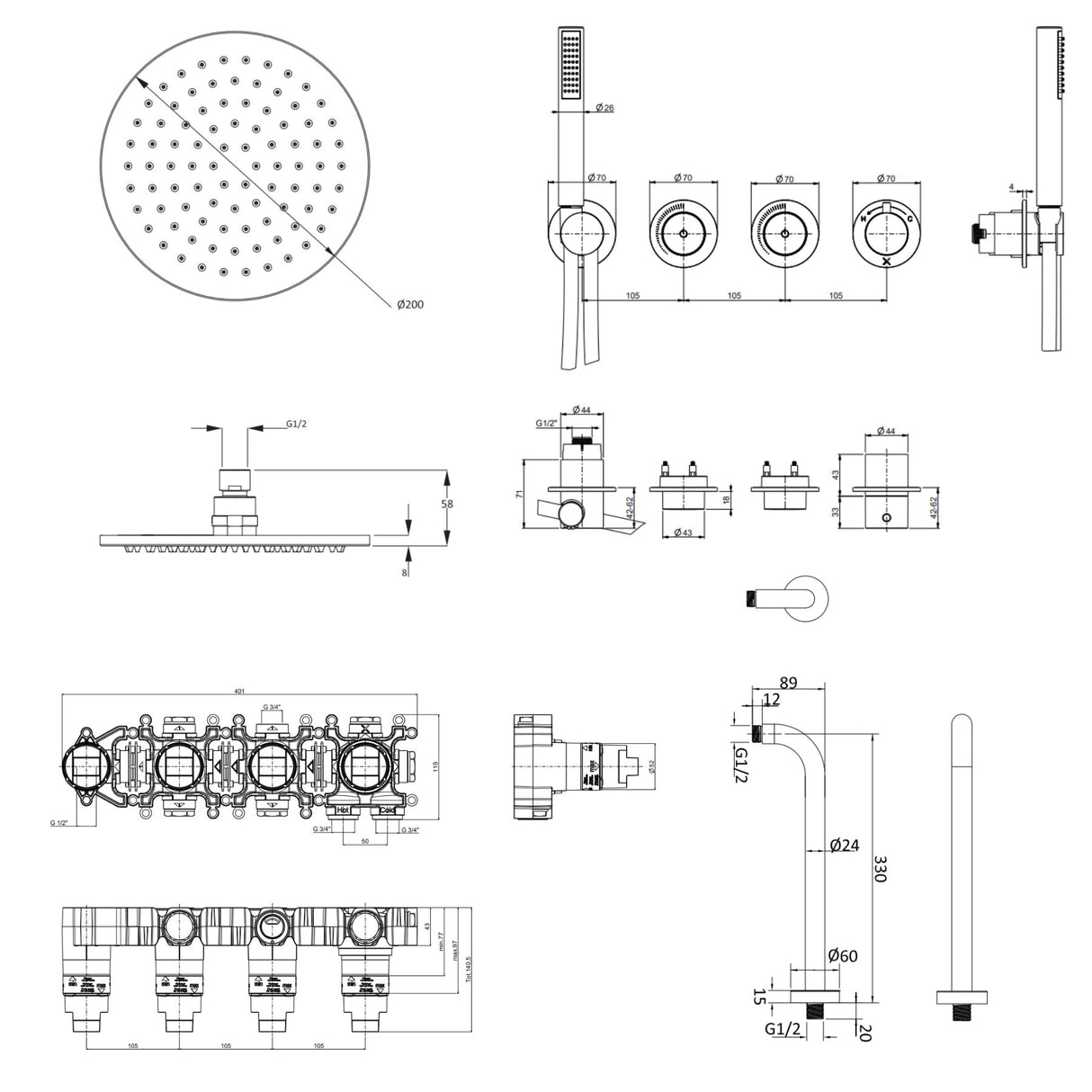UK Bathroom Store Concealed Shower Set Crosswater Module Shower Set 8 - 2 Outlet with Pencil Handset and Overhead Shower
