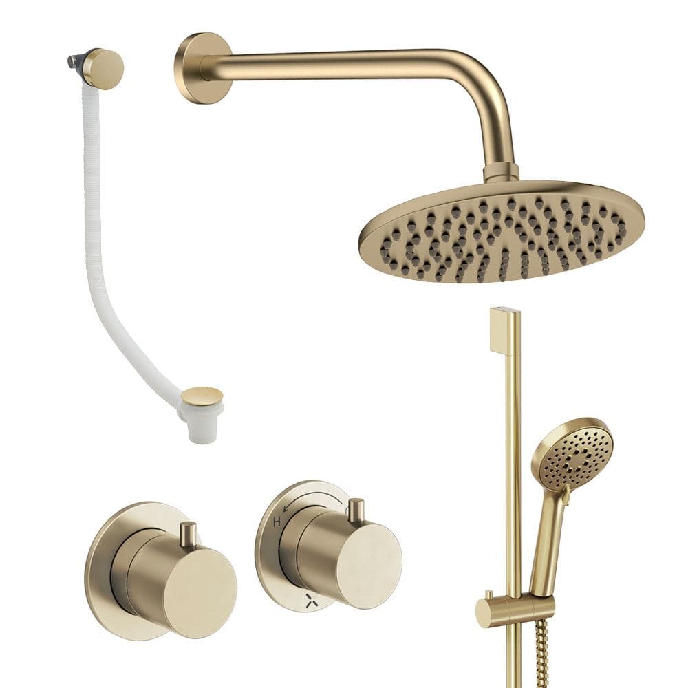 UK Bathroom Store Concealed Shower Set Brushed Brass / Wall Arm / 200mm Crosswater Module Shower Set 7 - 3 Outlet with Riser Rail Kit, Overhead Shower and Overflow Bath Filler