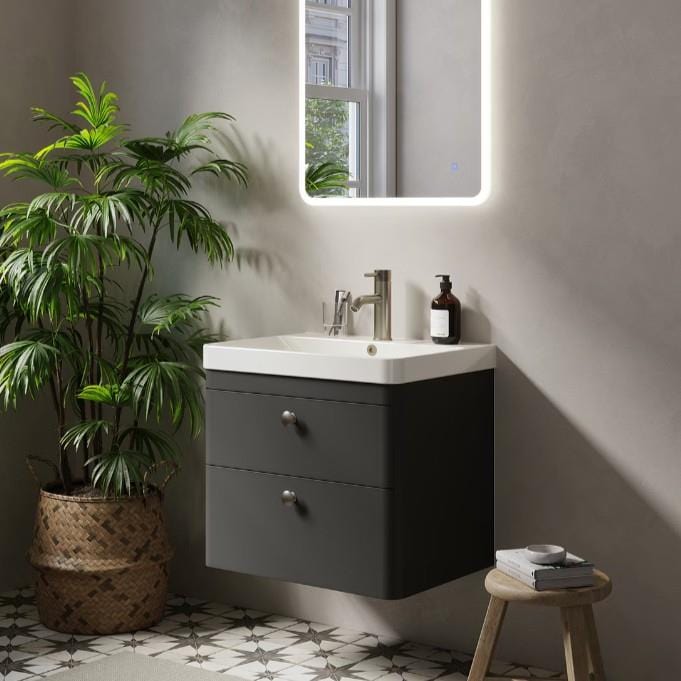 Saneux Wall Mounted Vanity Unit Matte Anthracite / 1 Hole Saneux Hyde Vanity Unit With Basin - 600 x 460mm - Two Drawer - Wall Mounted