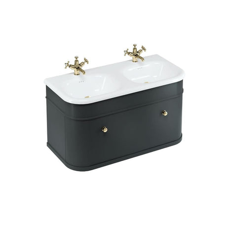 Burlington Double Sink Vanity Unit Matt Black / Natural Stone Roll Top Basin - 1 Tap Hole / Gold Burlington Chalfont 1000mm Wall Mounted Single Drawer Vanity Unit with Double Basin