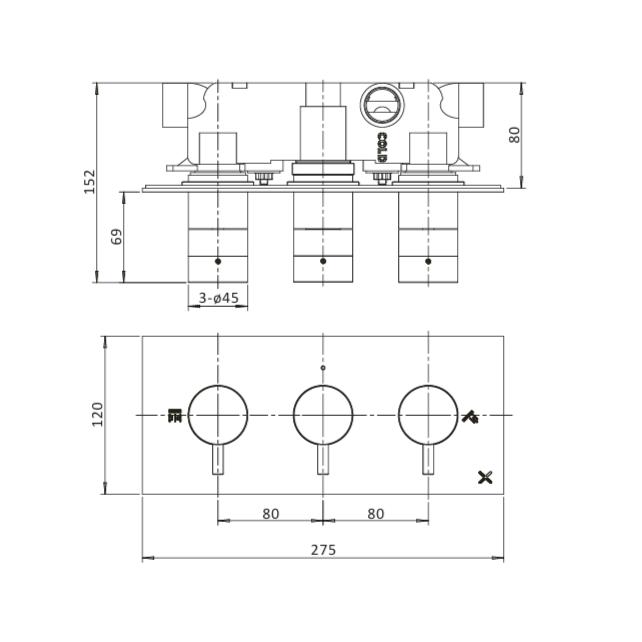 Crosswater Concealed Shower Valve Crosswater MPRO 2 Outlet, 3 Handle Landscape Concealed Thermostatic Shower Valve