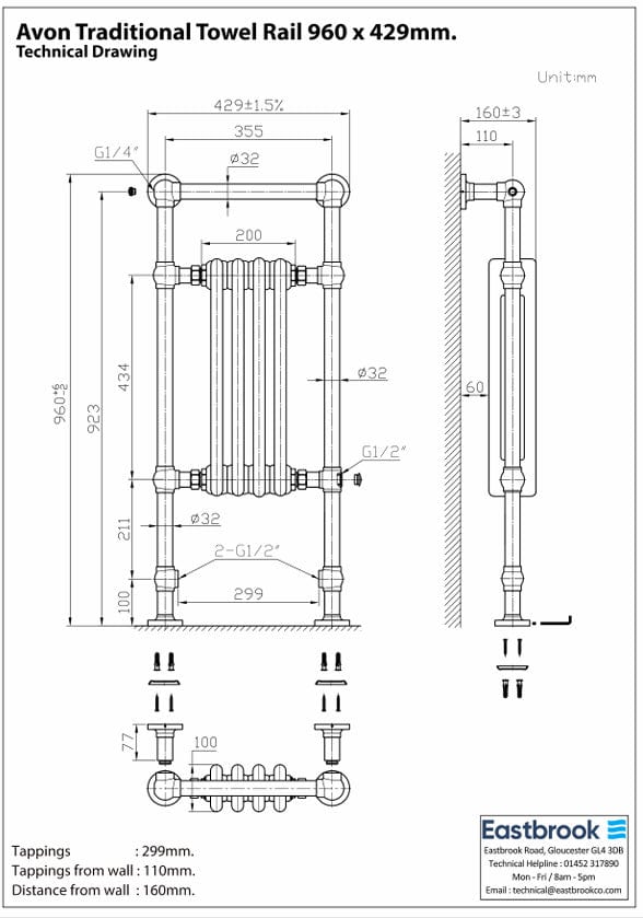 Eastbrook Insert Radiator Eastbrook Avon Straight Vertical Traditional Radiator in Chrome/Matt Black