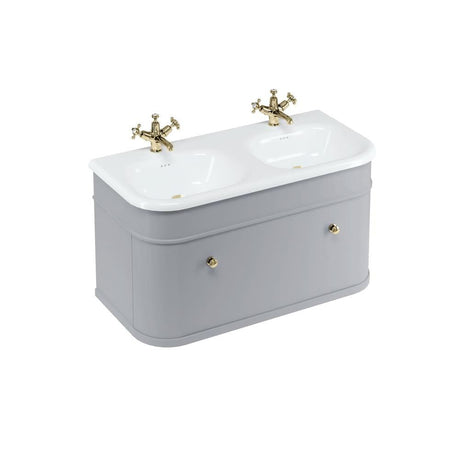 Burlington Double Sink Vanity Unit Classic Grey / Natural Stone Roll Top Basin - 1 Tap Hole / Gold Burlington Chalfont 1000mm Wall Mounted Single Drawer Vanity Unit with Double Basin