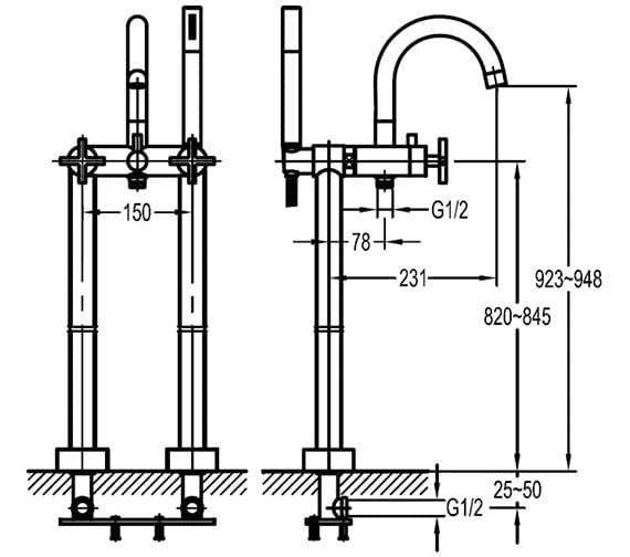 Flova Freestanding Bath Filler Flova Levo Floor Standing Bath and Shower Mixer Tap with Shower Set