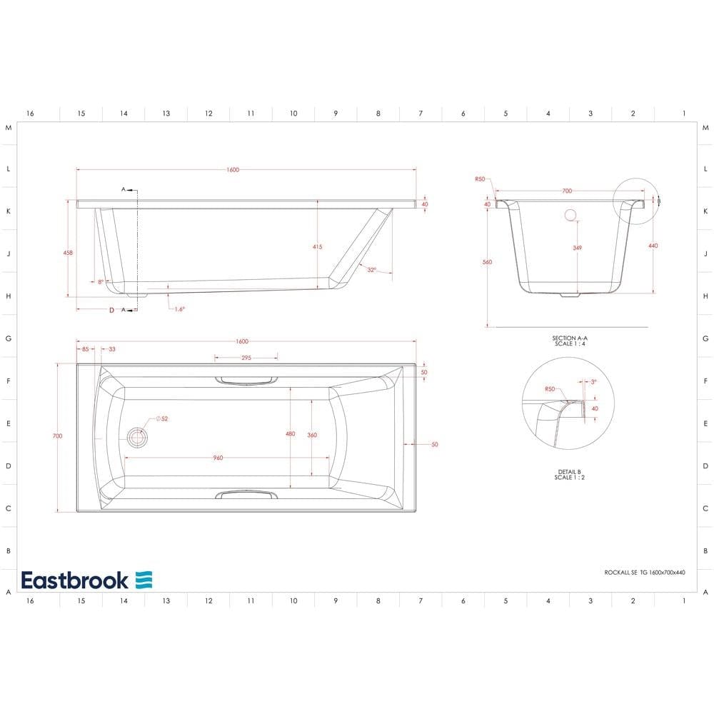 Eastbrook Single Ended Bath 1600 x 700mm / Reinforced Eastbrook Rockall Single Ended Bath with Twin Grips