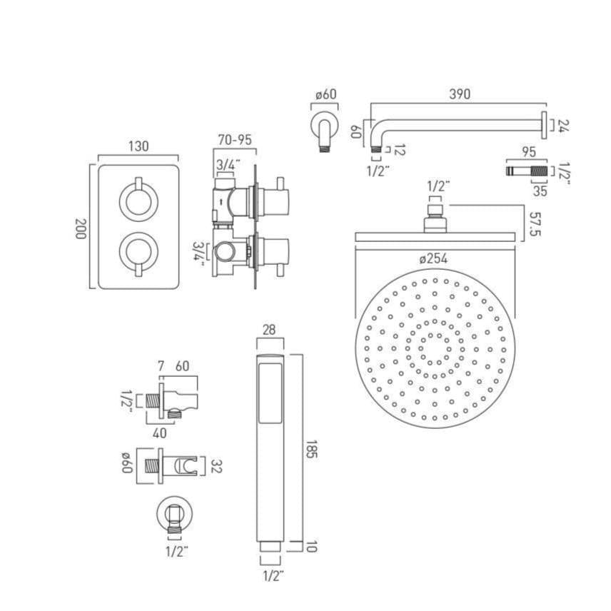 Vado Concealed Shower Set Vado Celsius 2 Outlet, 2 Handle Thermostatic Shower Set with Shower Head and Pencil Handset in Polished Chrome