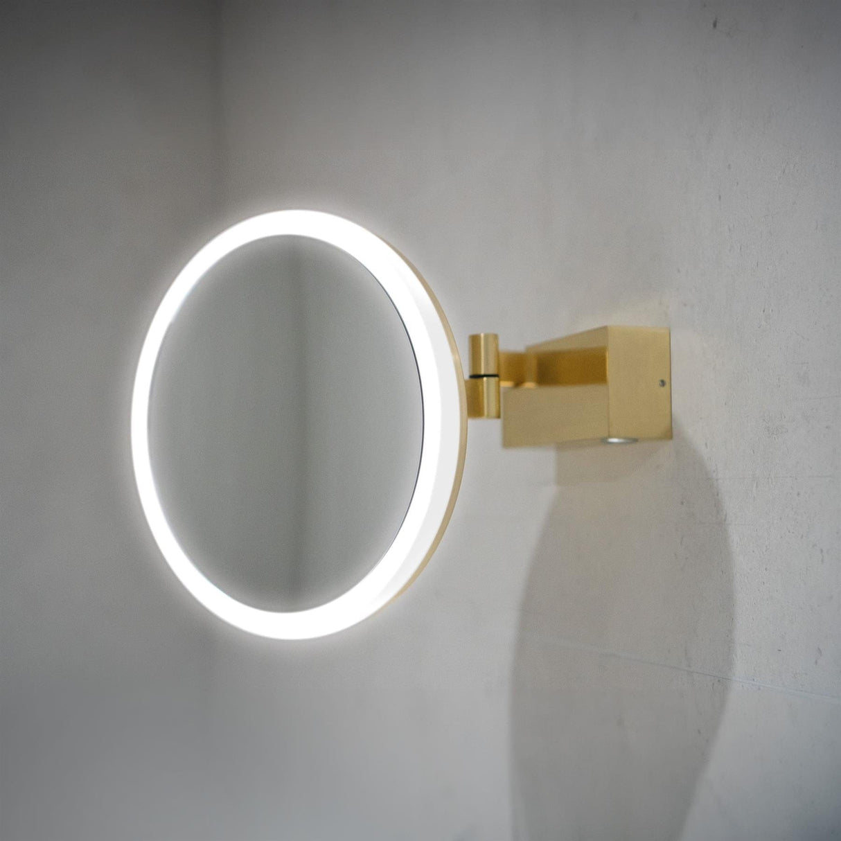 HiB Cosmetic and Shaving Mirror Brushed Brass HiB Cirque Illuminated Magnifying Bathroom Mirror