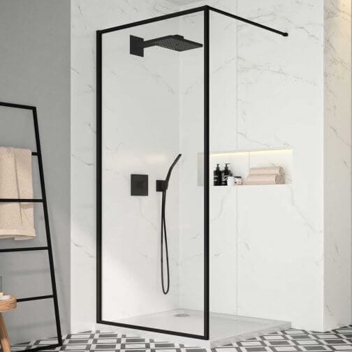 Merlyn Wetroom Panel 900mm with T-Piece Bracket Merlyn 8mm Framed Wet Room Panel in Black
