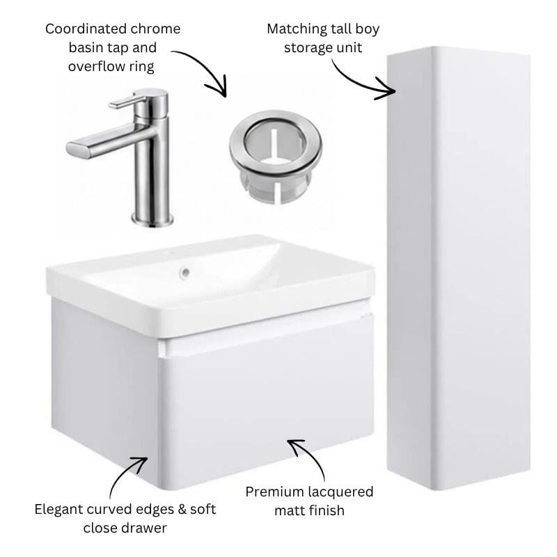 Aquarius Bathrooms Wall Mounted Vanity Unit Aquarius Sophie 605mm Wall Hung Vanity Unit, Tall Boy Storage Unit, Tap and Fittings Bundle