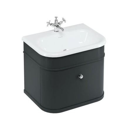 Burlington Wall Mounted Vanity Unit Matt Black / Natural Stone Roll Top Basin - 1 Tap Hole / Chrome Burlington Chalfont 650mm Wall Mounted Single Drawer Vanity Unit with Basin