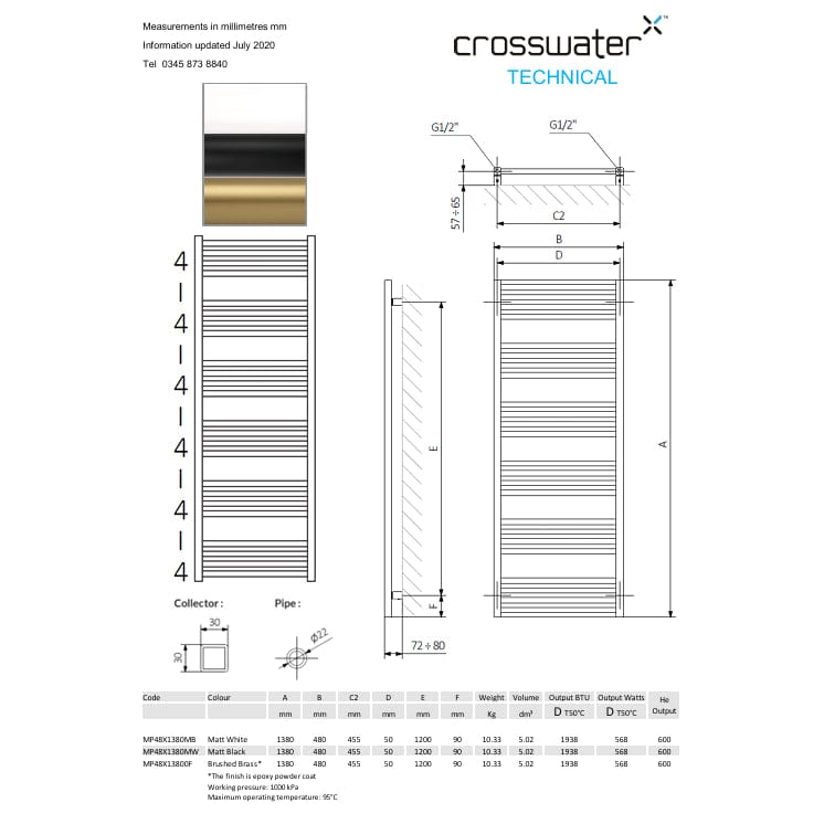 Crosswater Ladder Rail Crosswater MPRO Designer Vertical Towel Radiator in Brushed Brass