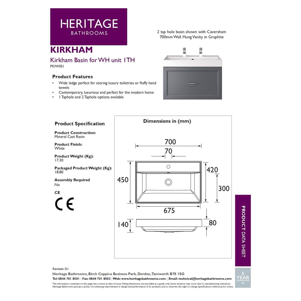 Heritage Wall Mounted Vanity Unit Heritage Caversham Wall Mounted Vanity Unit with Basin or Worktop - 700mm - One Drawer