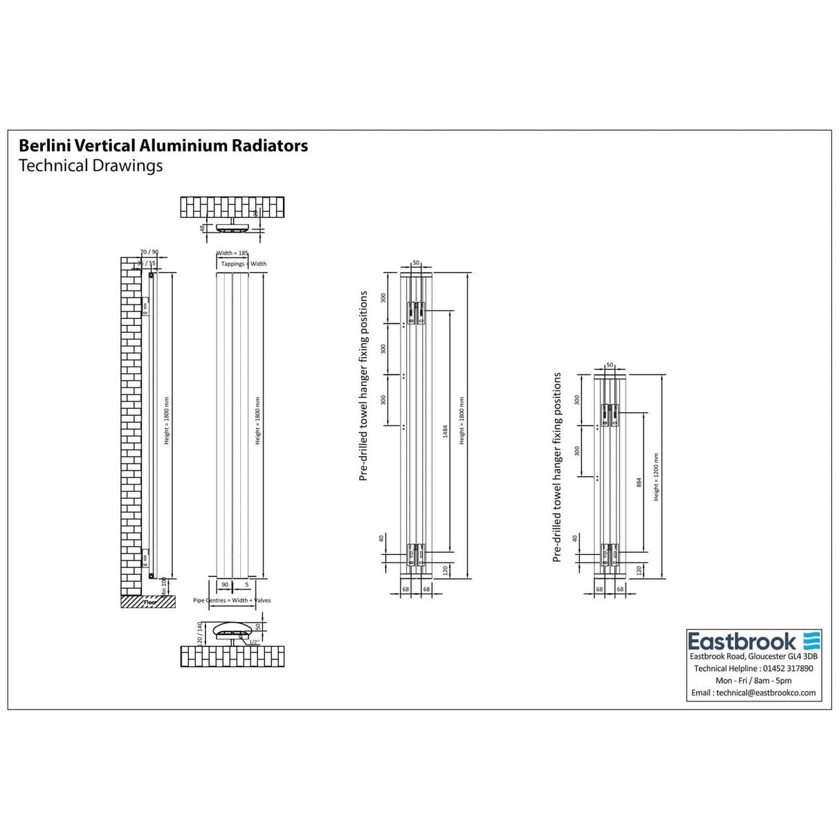 Eastbrook Panel Radiator Eastbrook Berlini Straight Vertical Aluminium Radiator in Polished Aluminium