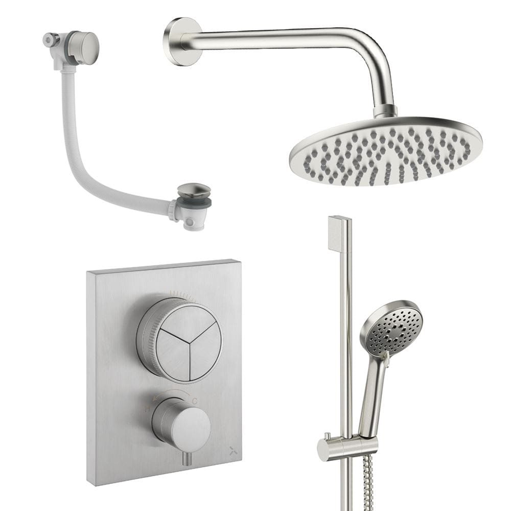 UK Bathroom Store Concealed Shower Set Brushed Nickel / Wall Arm / 200mm Crosswater Crossbox Push Shower Set 8 - 3 Outlet with Fixed Overhead Shower, Slide Rail Kit and Overflow Bath Filler Waste