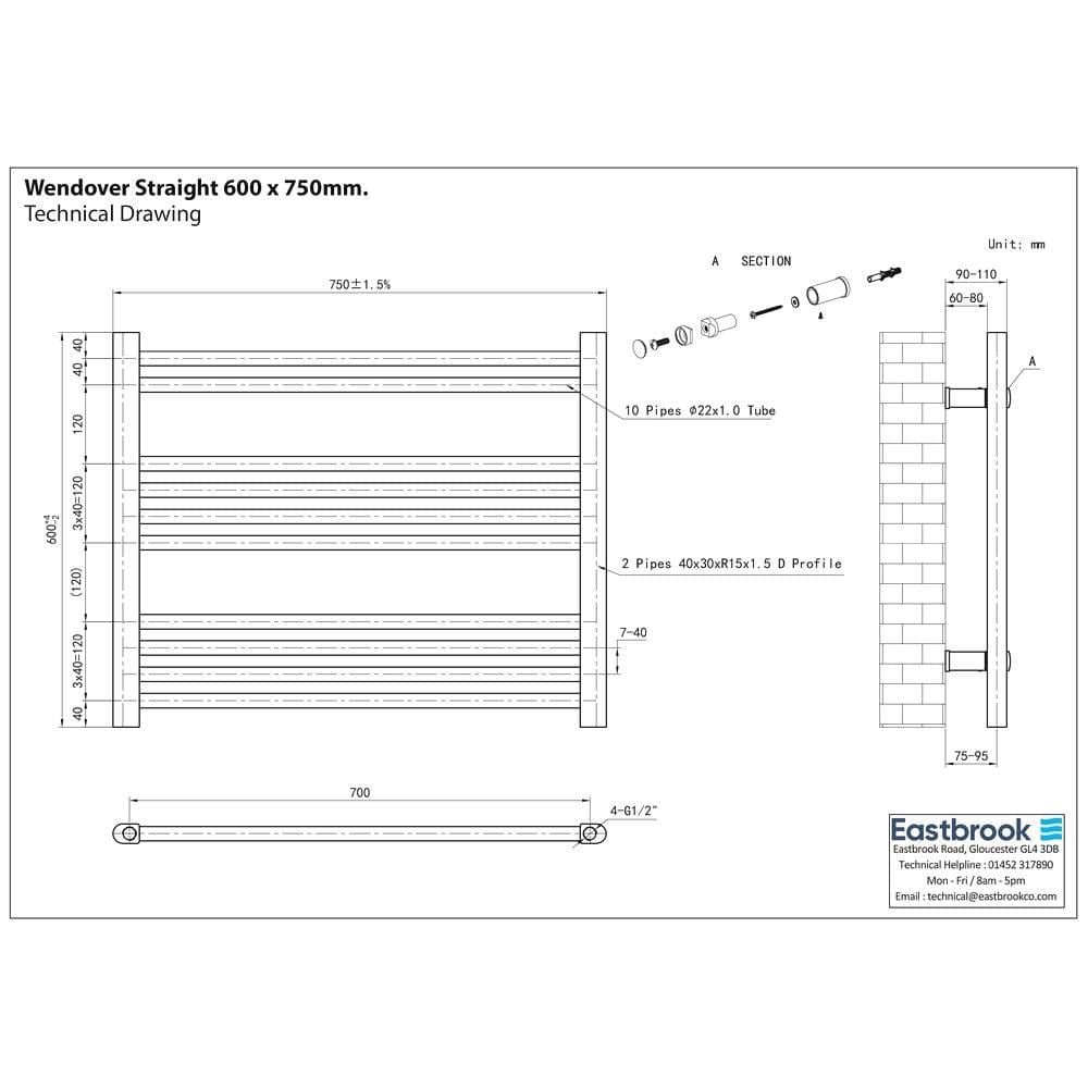 Eastbrook Ladder Rail Eastbrook Wendover Straight Horizontal Under Window Heated Towel Rail in White