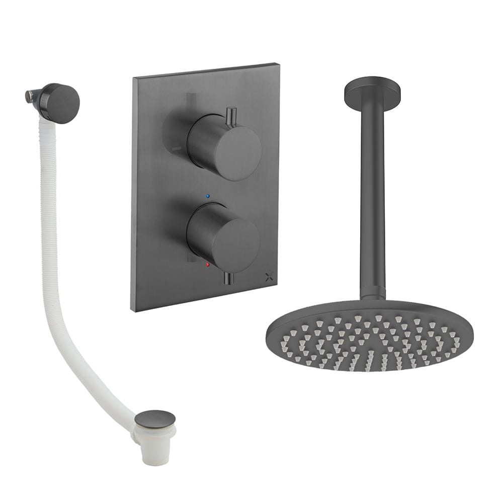 UK Bathroom Store Concealed Shower Set Slate / Ceiling Arm / 200mm Crosswater Crossbox Shower Set 7 - 2 Outlet with Fixed Overhead Shower and Overflow Bath Filler Waste