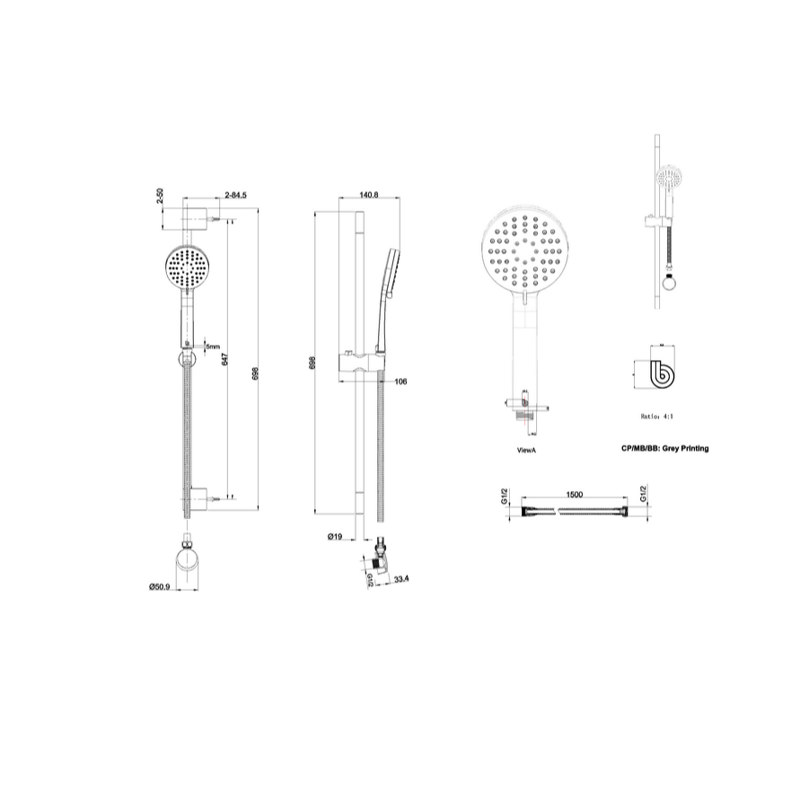 Britton Hoxton Shower Slider Rail with Handset, Hose and Outlet Elbow in Matt Black