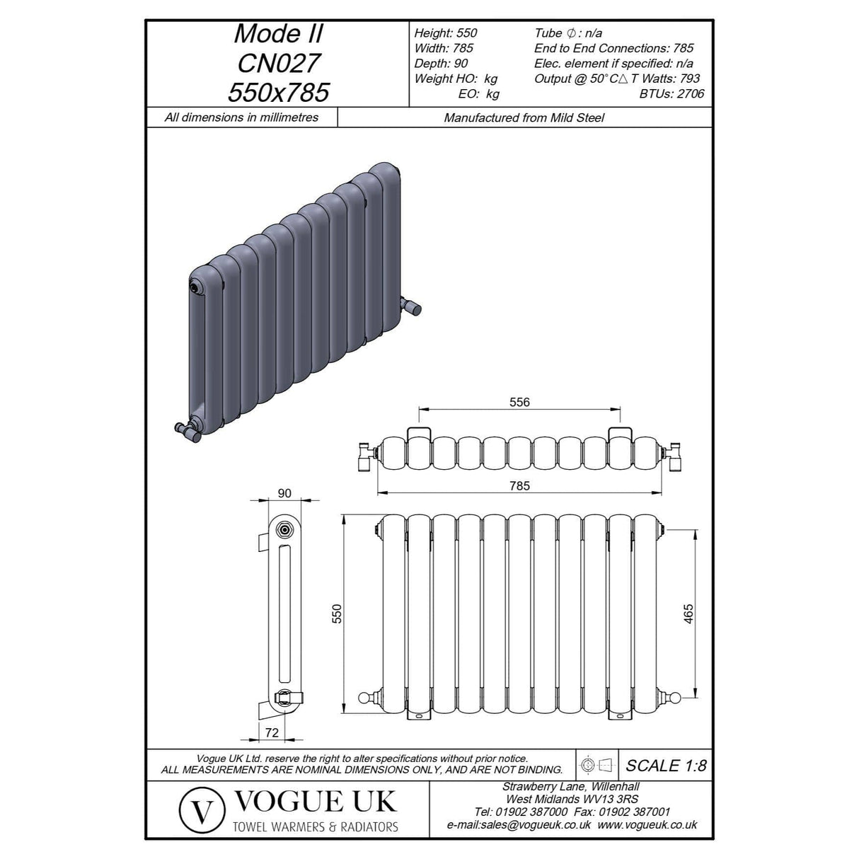 Vogue Column Radiators 550 x 785mm Vogue Mode II Traditional 2 Column Radiator in White