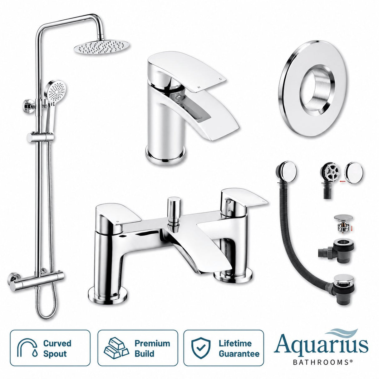 Aquarius Bathrooms Exposed Shower Set Chrome Aquarius Arc Complete Brassware Pack with Bath and Basin Tap and Exposed Shower