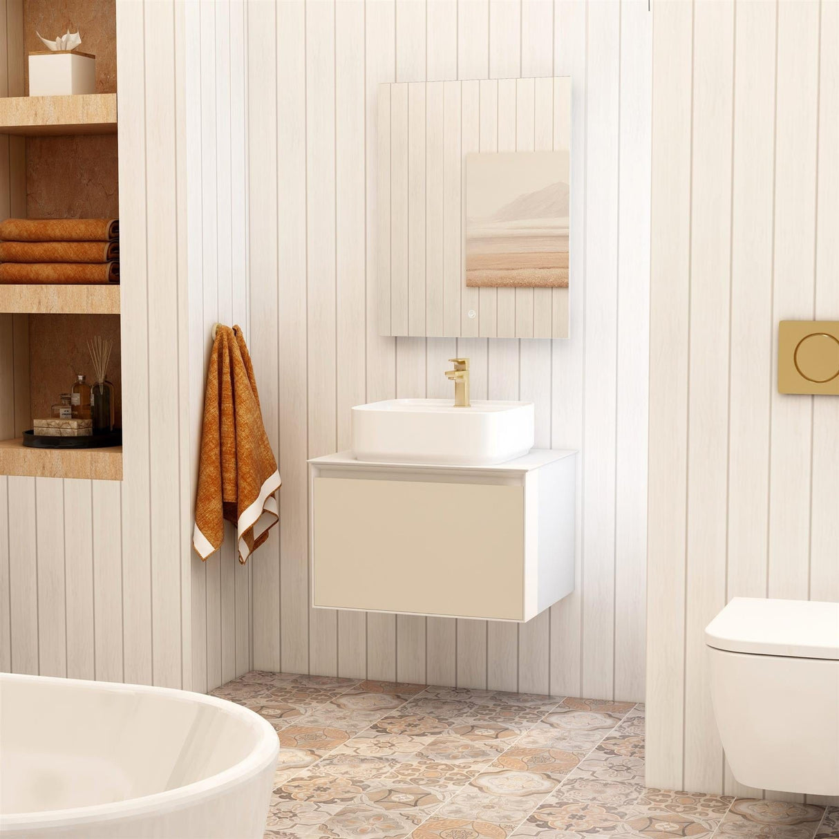 Imex Wall Mounted Vanity Unit Cashmere Imex Essence Wall Mounted 600mm Single Drawer Vanity Unit with Worktop and 1 Tap Hole Basin