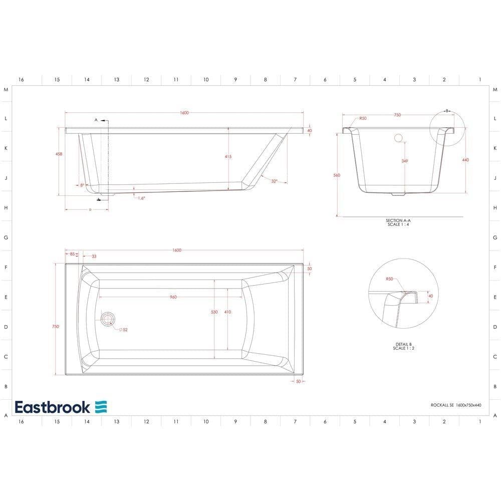 Eastbrook Single Ended Bath 1600 x 750mm / Reinforced Eastbrook Rockall Single Ended Bath