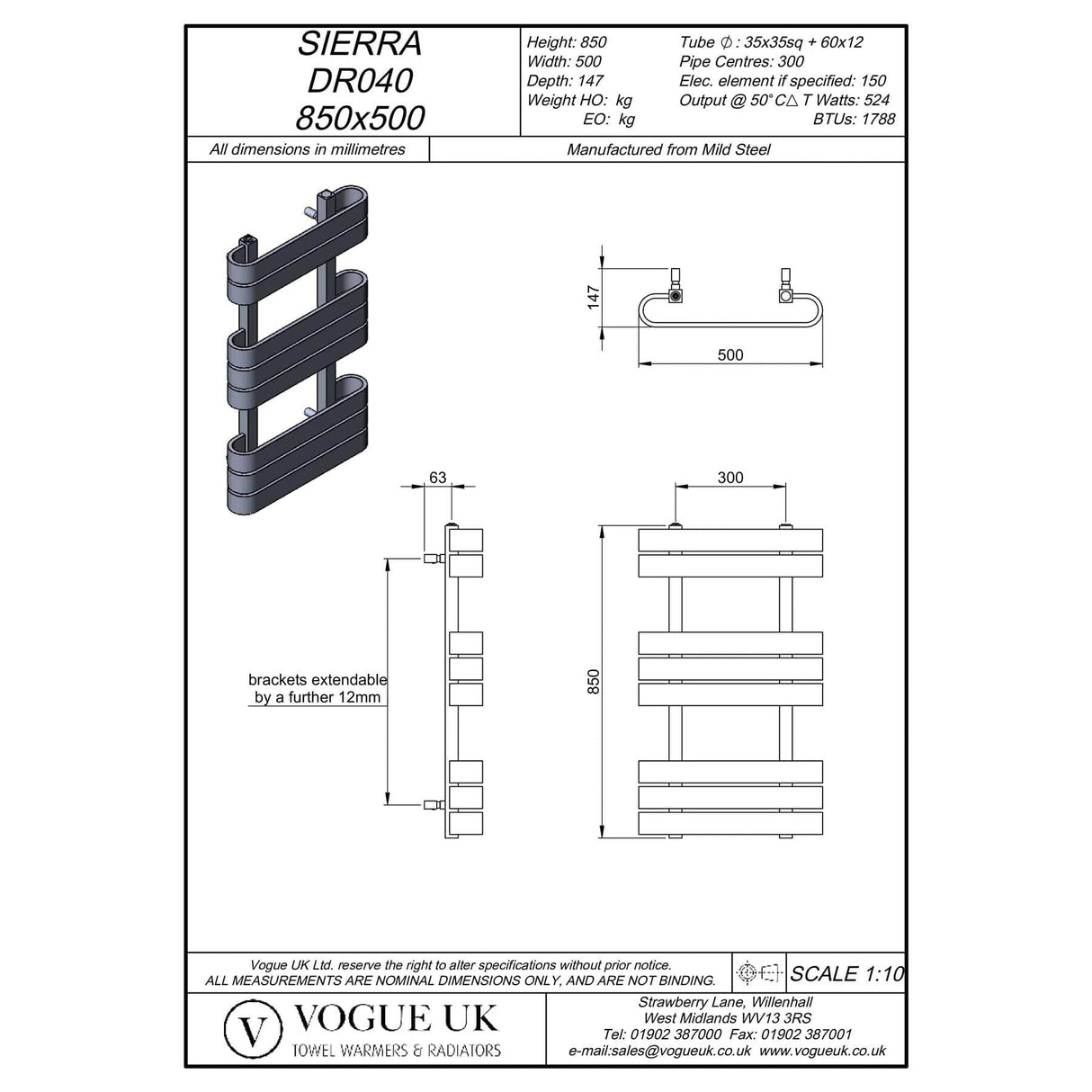 Vogue Designer Towel Radiator 850 x 500 / Electric Vogue Sierra Designer Towel Rail in Anthracite