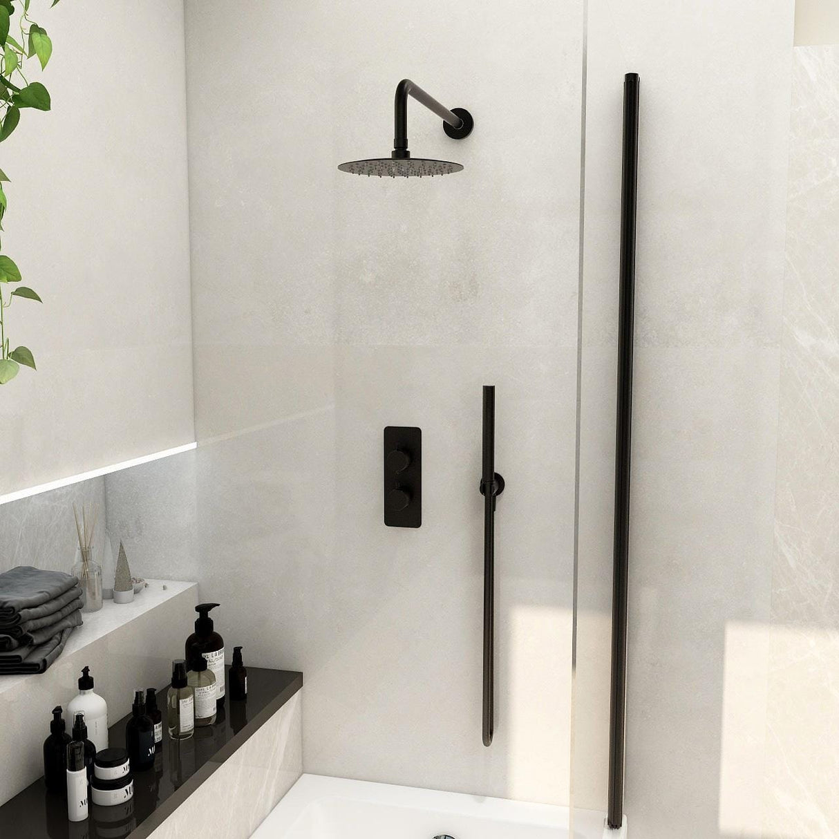 Imex Concealed Shower Set Matt Black Imex Ravine 2 Handle, 2 Outlet Shower Set with 200mm Rainfall Shower Head, Pencil Handset and Hose