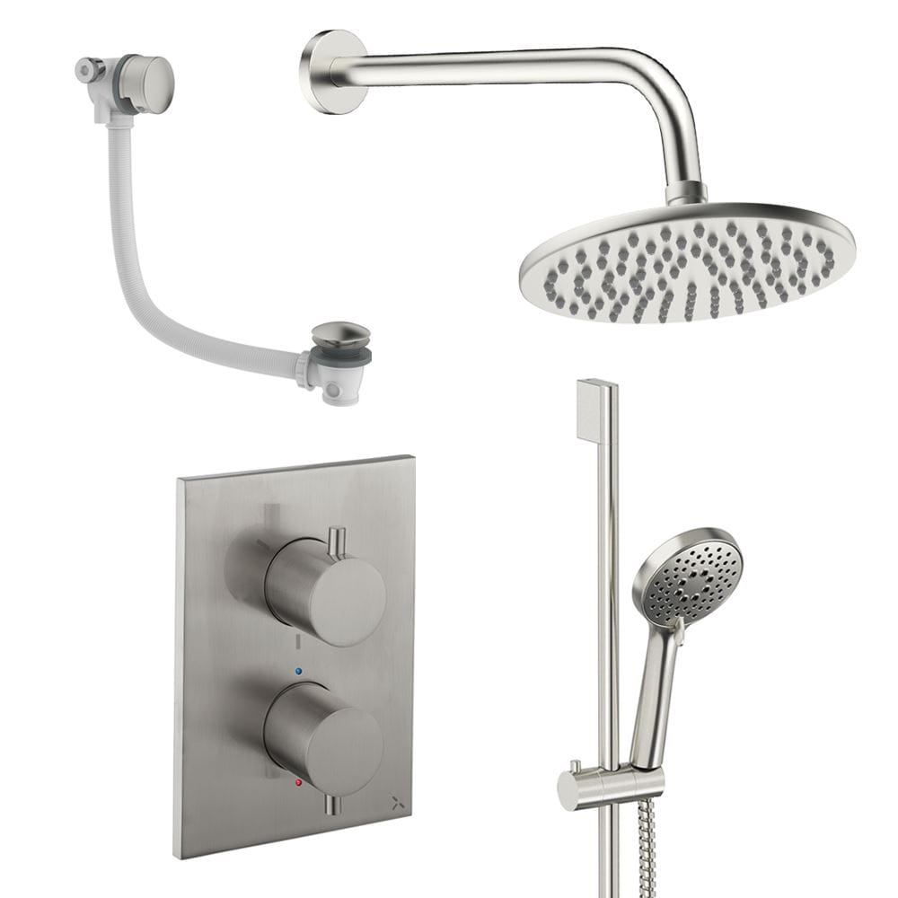 UK Bathroom Store Concealed Shower Set Brushed Nickel / Wall Arm / 200mm Crosswater Crossbox Shower Set 10 - 3 Outlet with Fixed Overhead Shower, Slide Rail Kit and Overflow Bath Filler Waste