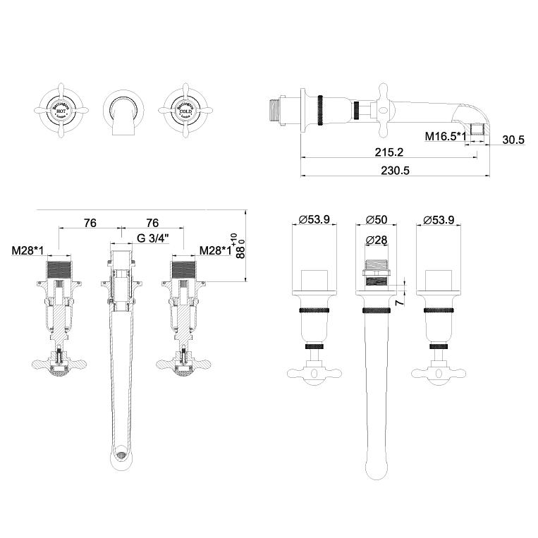 Burlington Wall Mounted Basin Tap Burlington Guild 3 Hole Wall Mounted Basin Mixer Tap in Gold