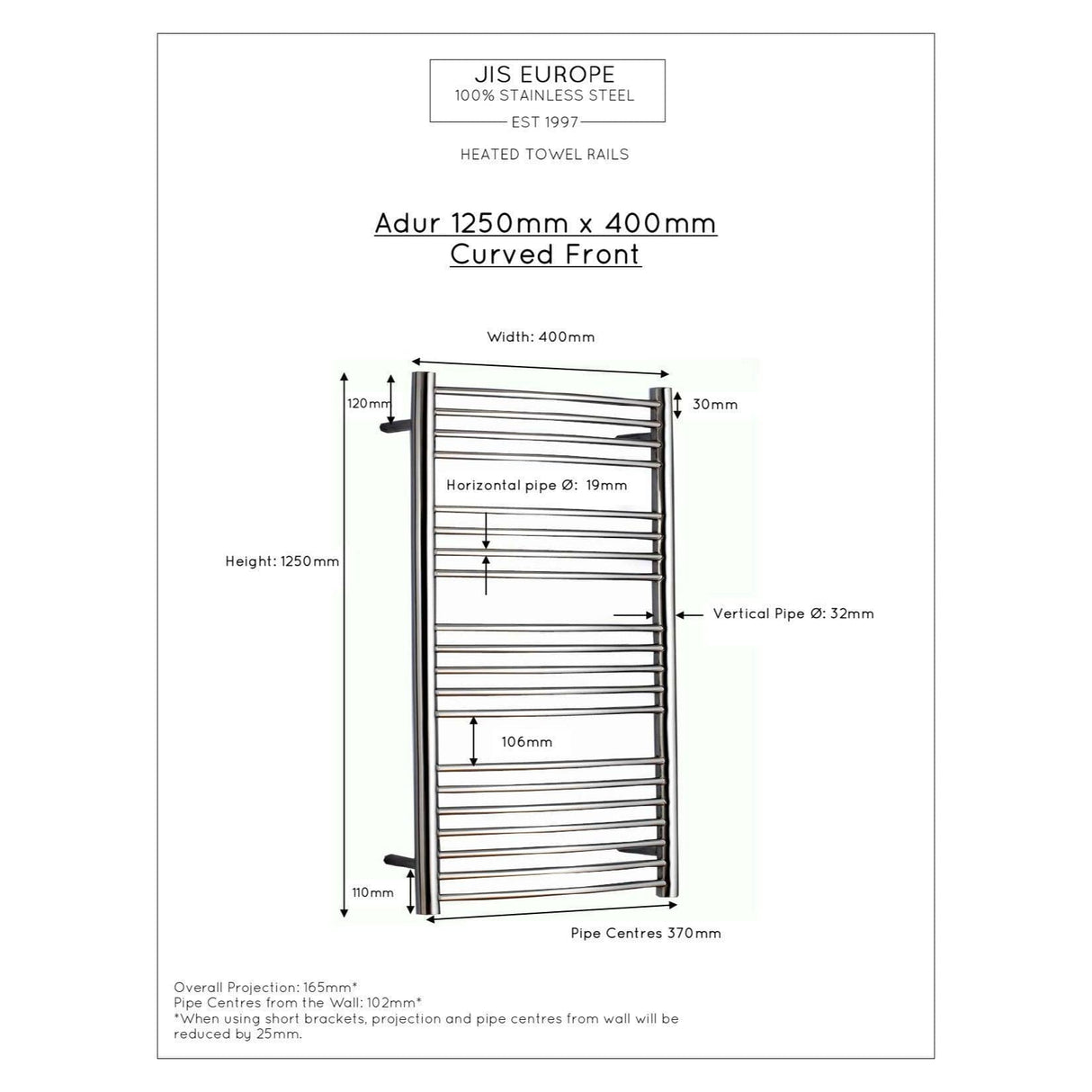 JIS Ladder Rail JIS Sussex Adur Vertical Stainless Steel Curved Heated Towel Rail