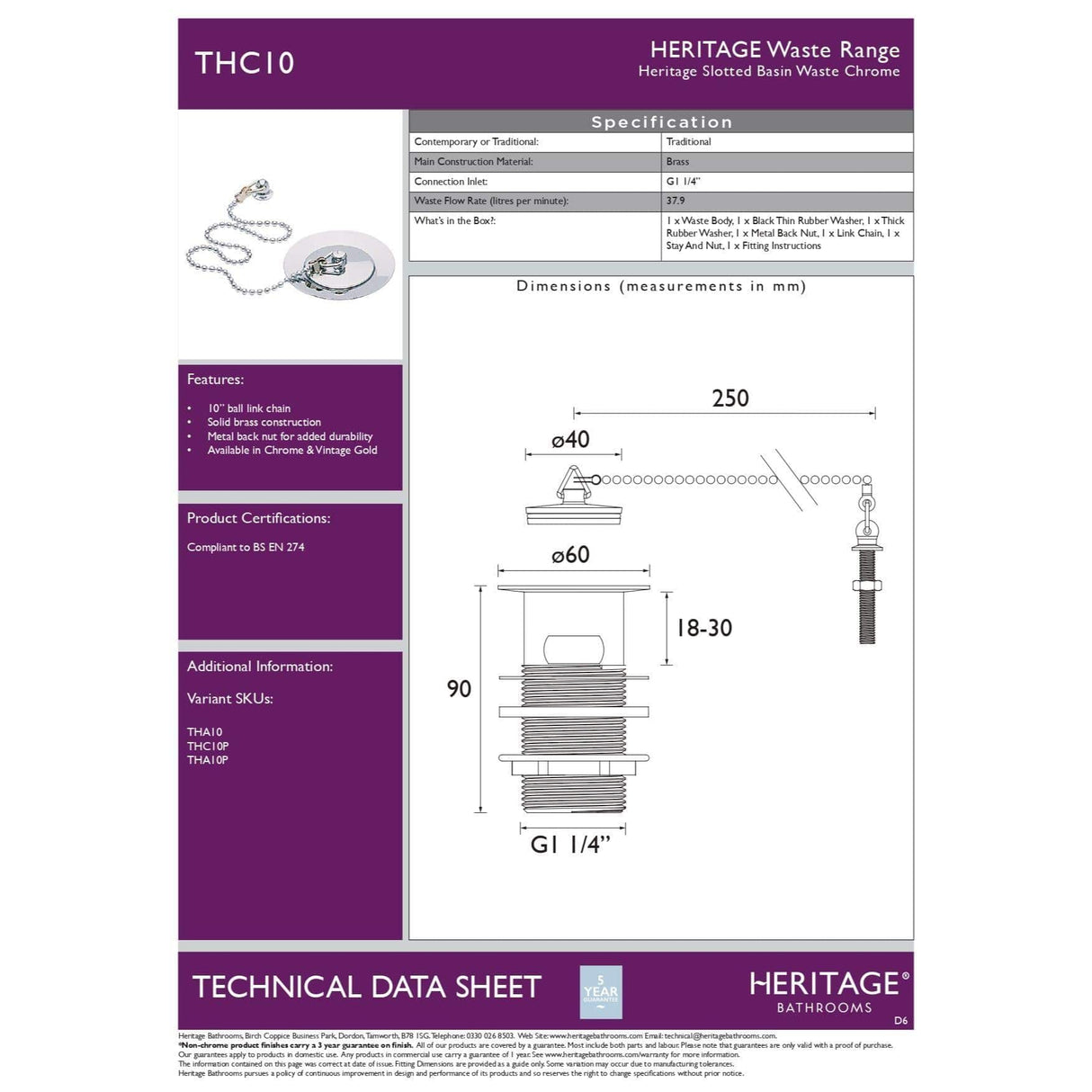 Heritage Basin Waste Heritage Basin Waste with Stowaway Plug and Chain
