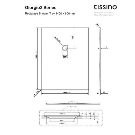 Tissino Rectangle Shower Tray 1400 x 800mm Tissino Giorgio2 Rectangle Shower Tray in White Slate
