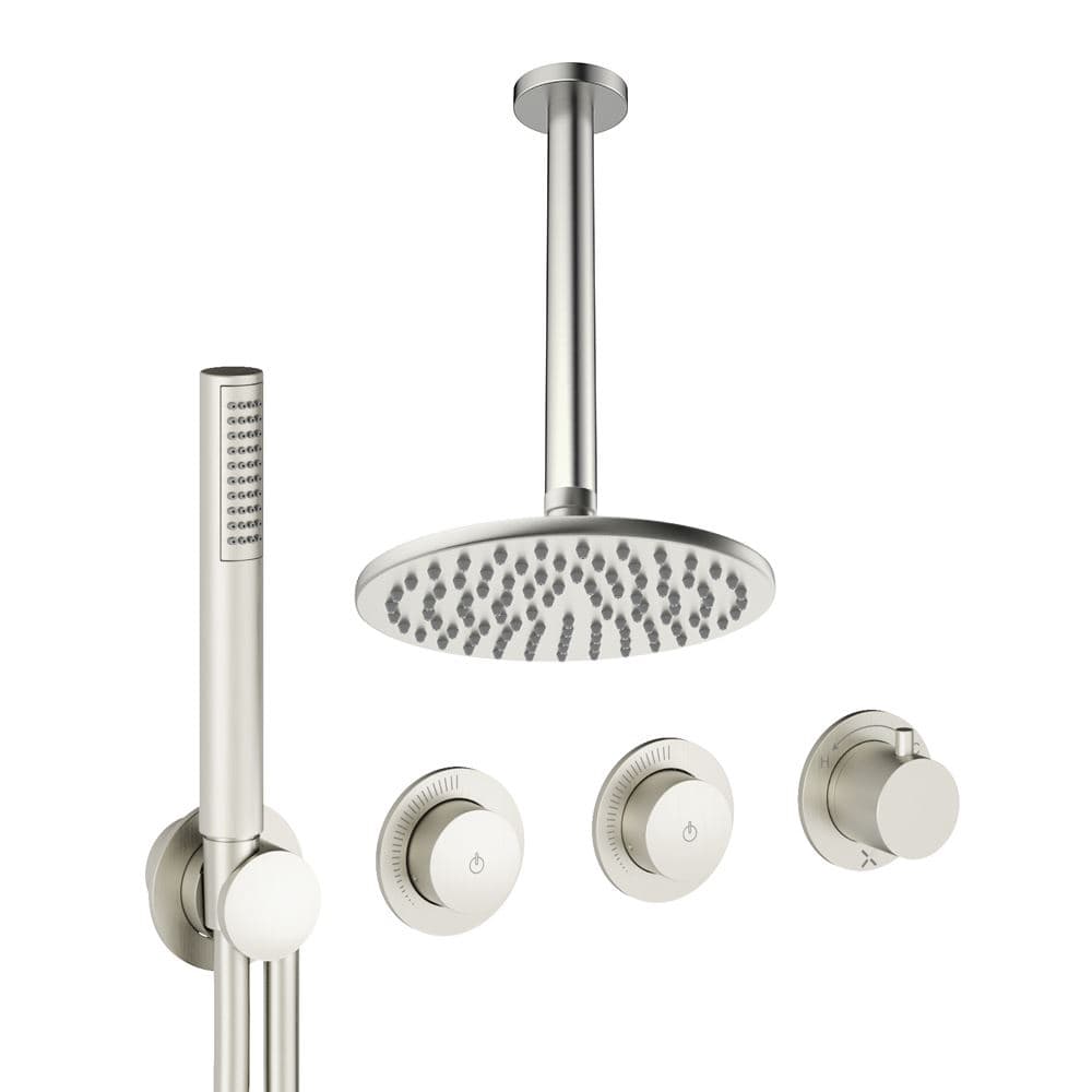 UK Bathroom Store Concealed Shower Set Brushed Nickel / Ceiling Arm / 200mm Crosswater Module Shower Set 8 - 2 Outlet with Pencil Handset and Overhead Shower