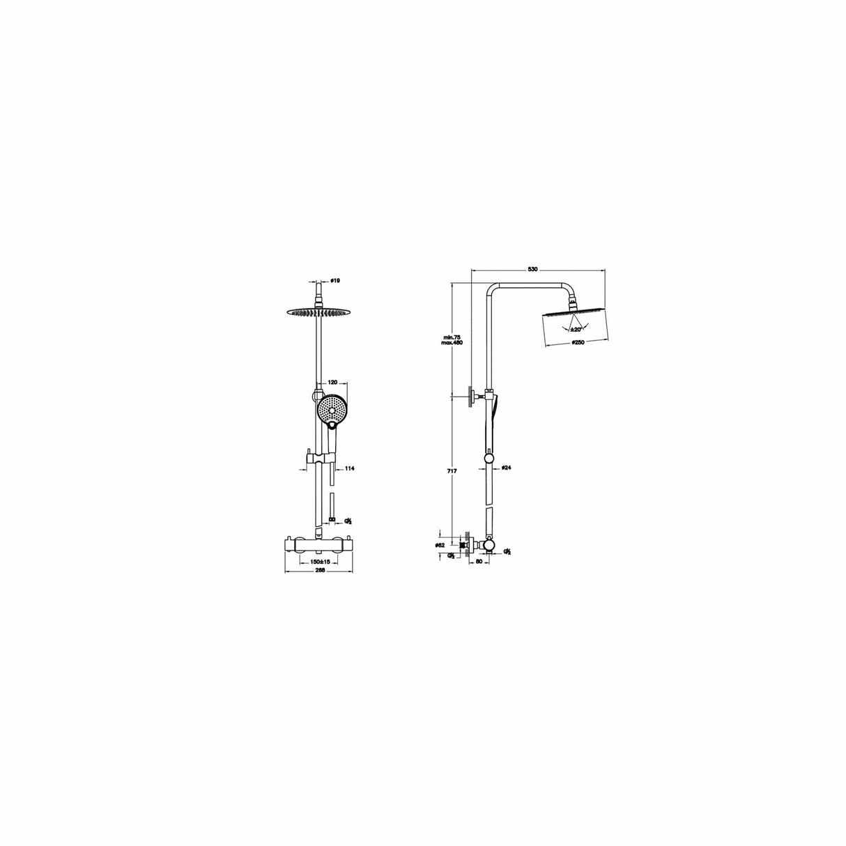 VitrA Exposed Shower Set VitrA Aquaheat Bliss Exposed Thermostatic Valve Shower Set with Adjustable Riser, 250mm Shower Head and Handset