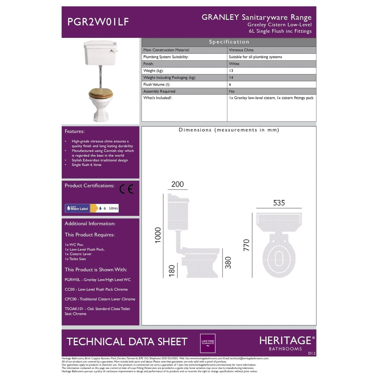 Heritage Low Level Toilet Heritage Granley Low Level Toilet with Cistern and Flush Pack