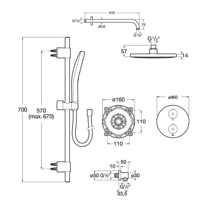Roca Concealed Shower Set Roca T-500 Round Thermostatic Concealed Shower Valve with Rainshower Head, Shower Handset and Slide Rail Set