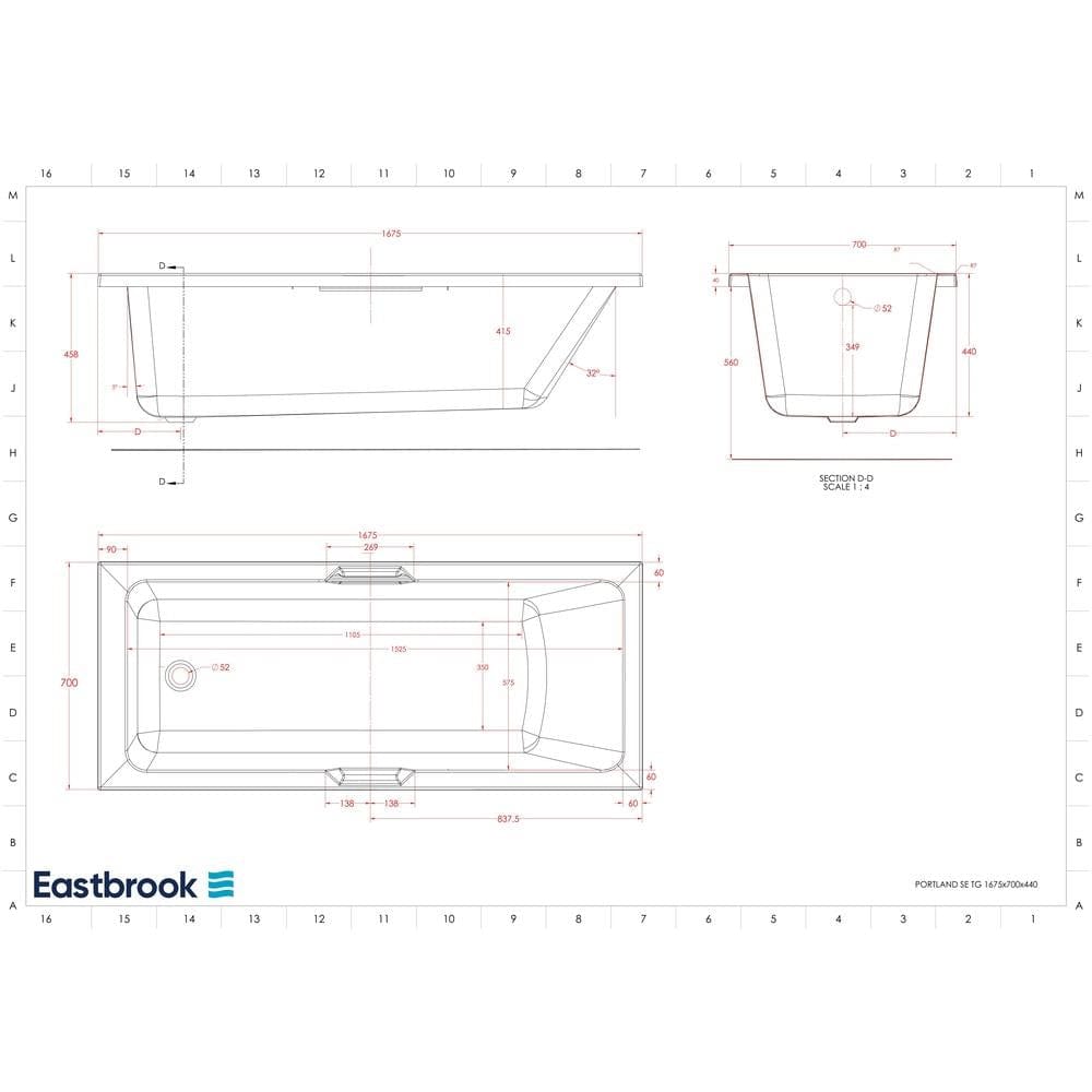 Eastbrook Single Ended Bath 1675 x 700mm / 5mm Eastbrook Portland Single Ended Bath with Twin Grips