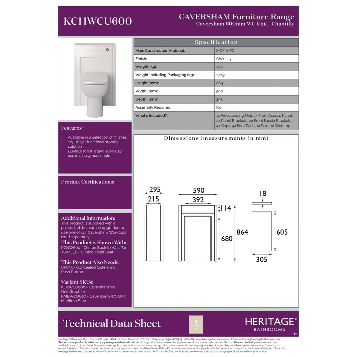 Heritage WC Back to Wall Unit Heritage Caversham WC Unit - 600mm Wide