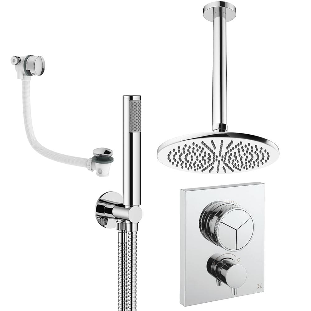 UK Bathroom Store Concealed Shower Set Chrome / Ceiling Arm / 300mm Crosswater Crossbox Push Shower Set 7 - 3 Outlet with Fixed Overhead Shower, Pencil Handset and Overflow Bath Filler Waste