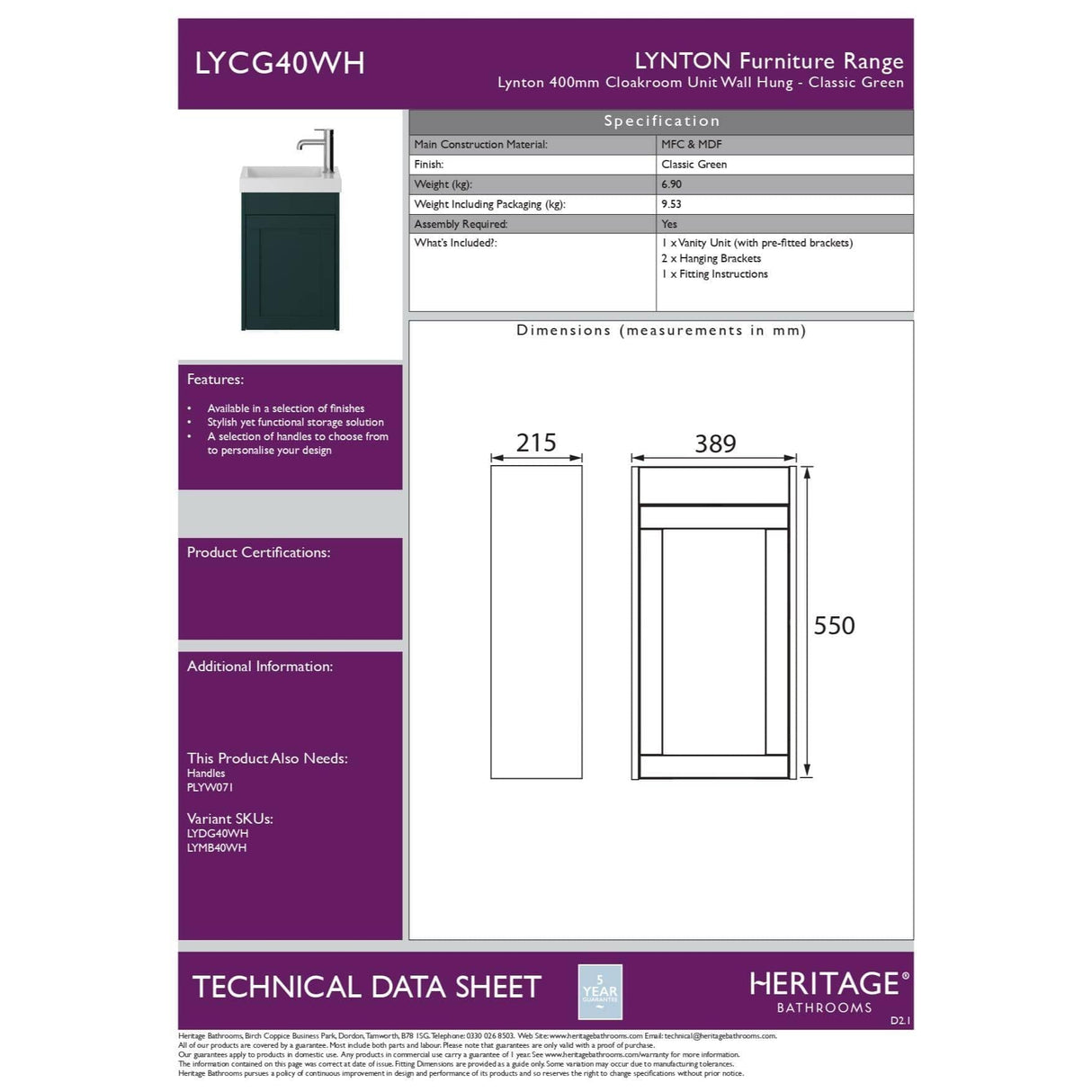 Heritage Cloakroom Vanity Unit Heritage Lynton 400mm Cloakroom Wall Mounted Vanity Unit with 1 Tap Hole Basin