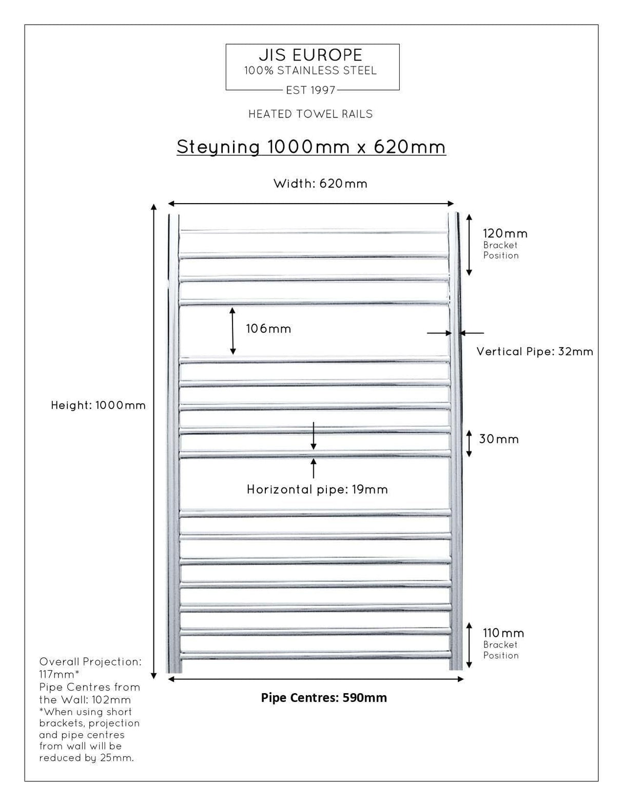 JIS Ladder Rail JIS Sussex Steyning Vertical Stainless Steel Heated Towel Rail