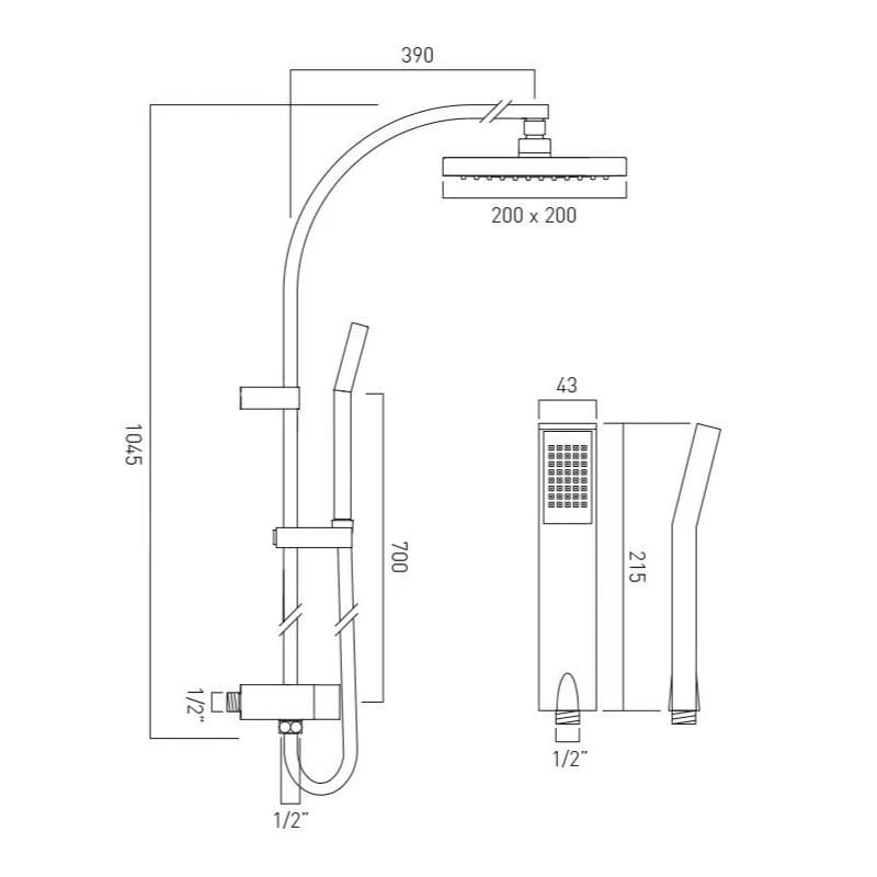 VADO Shower Riser Rail Vado Square Rigid Riser Shower Kit with Diverter and Integrated Outlet in Chrome